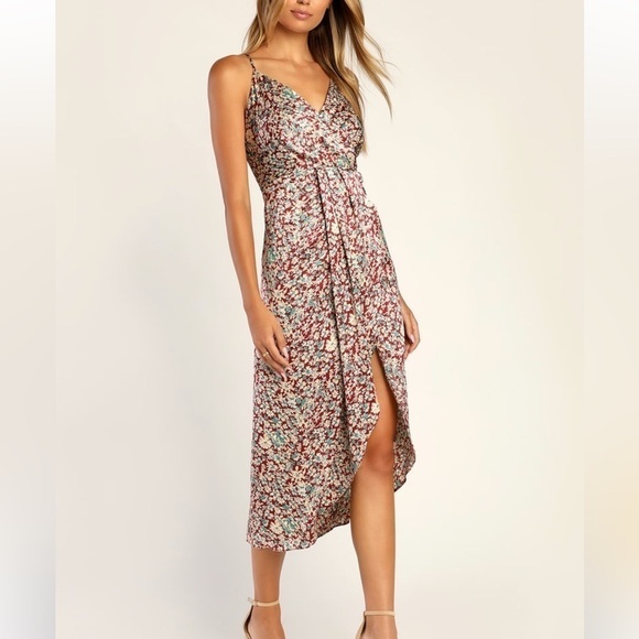 Lulus Know Your Love Rust Red Floral Print Satin Midi Dress - XS - Picture 1 of 9